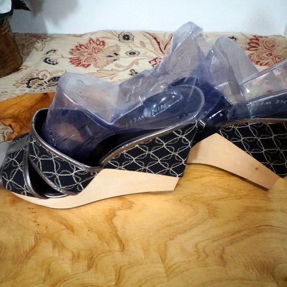 Nine West JUGI Black Tan Open Toe Wood Wedge High - Picture 5 of 8